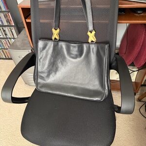 Black Leather Tote Bag with Gold Accents